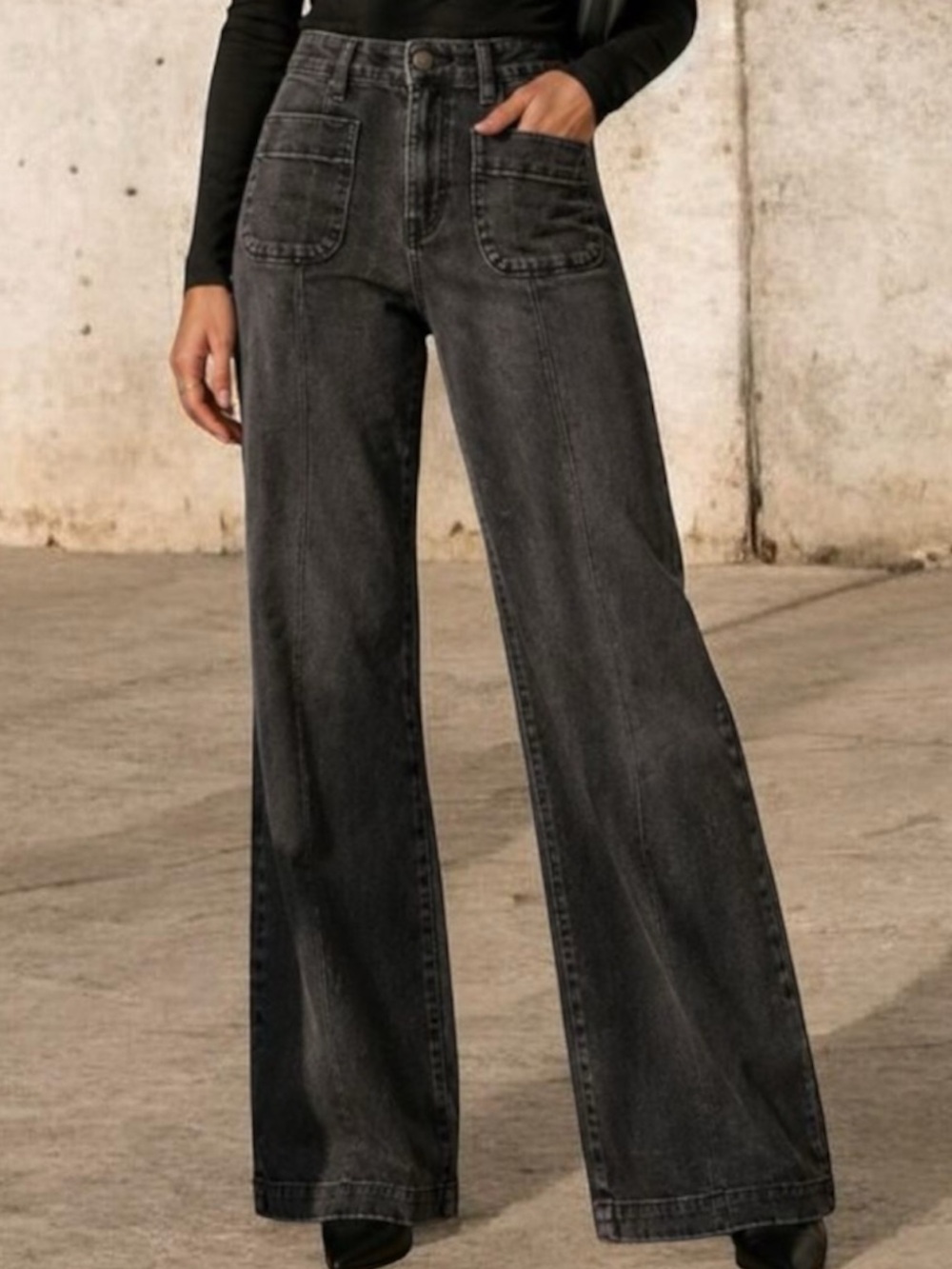 Lauren Conrad High-Rise Wide-Leg Jeans with Front Patch Pockets - Charcoal Gray